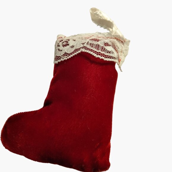 Victorian Red Velvet Mini Christmas Stocking Ornament Lace Trim Ribbon - Picture 3 of 4